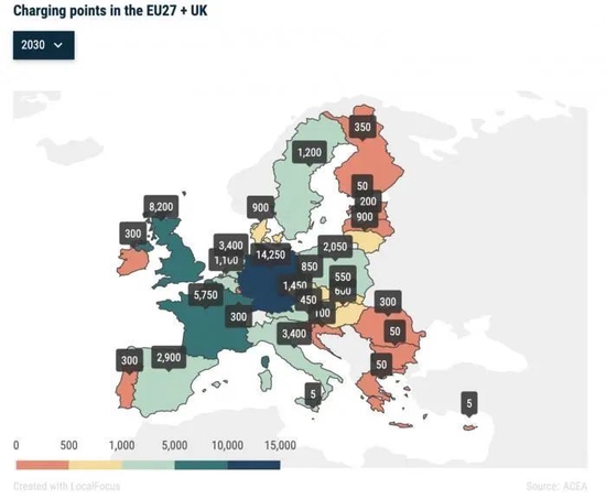  欧洲各国电动汽车基建水平差异巨大。图源：ACEA